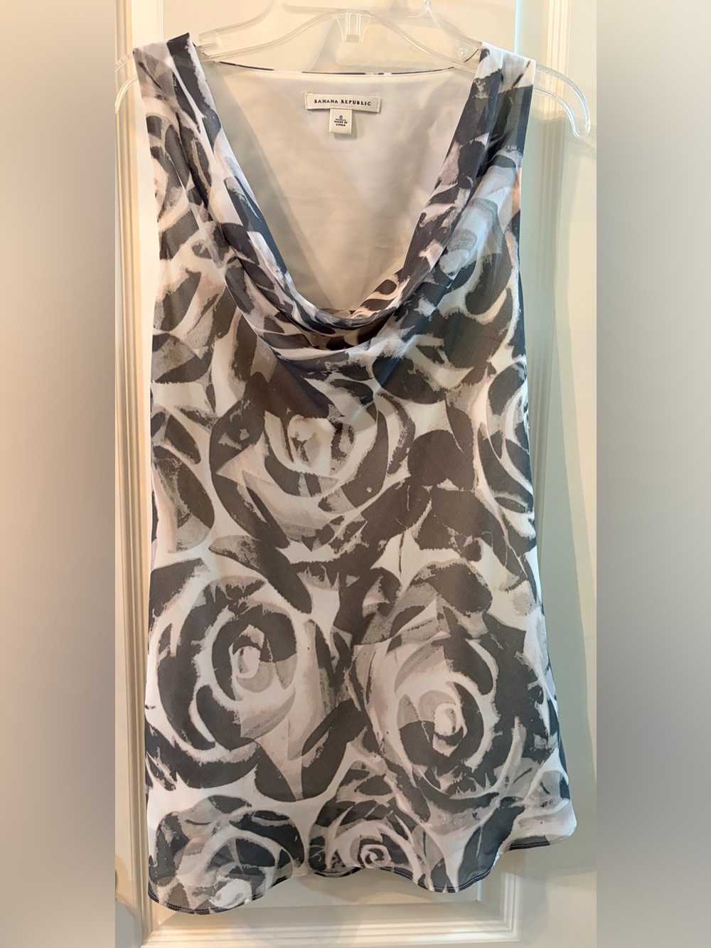 Banana Republic Chiffon Cowl Neck Shell with Abstract Gray Print Trim